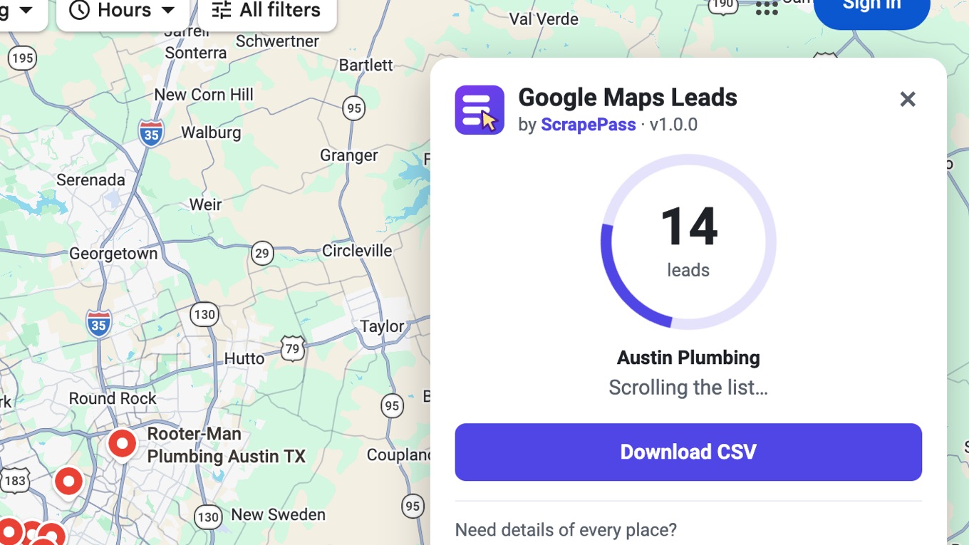 The Google Maps Leads panel on a Google Maps search, counting 14 leads with a Download CSV button